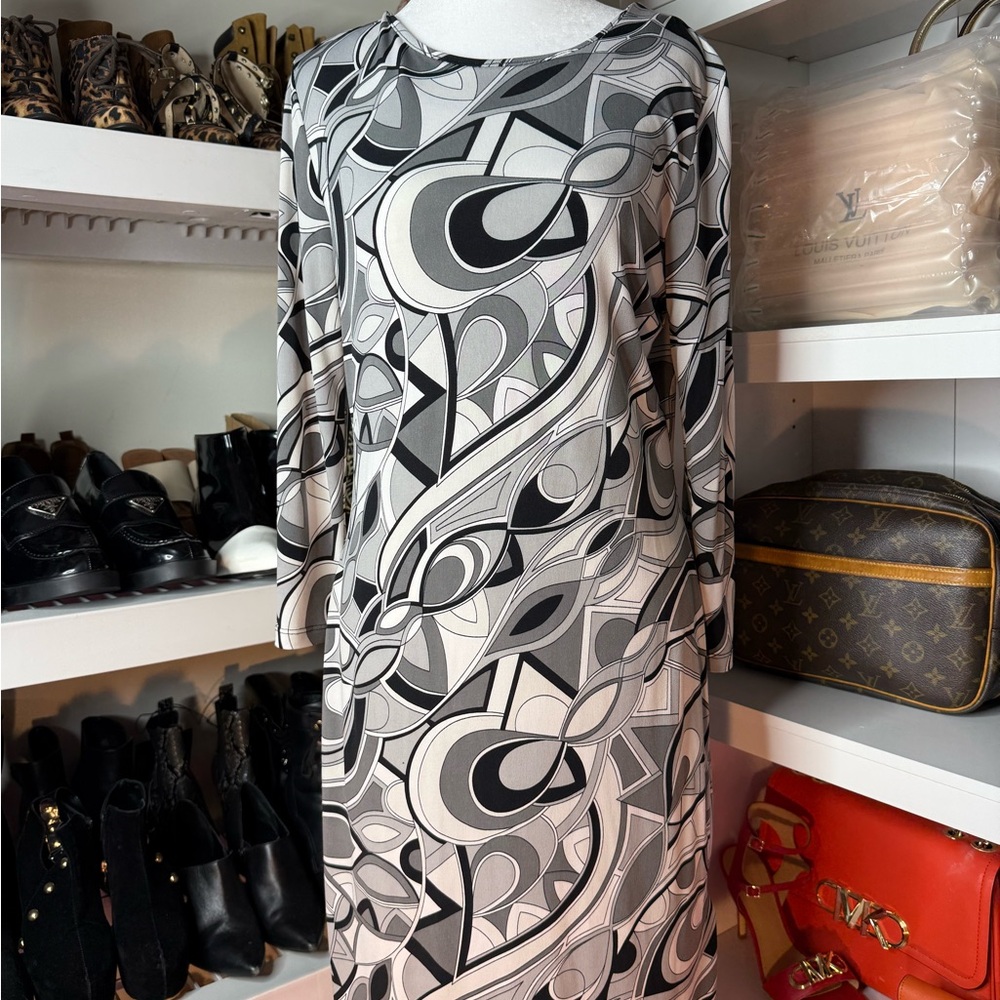 Michael Kors Geometric Long Sleeve Dress - Black and Gray